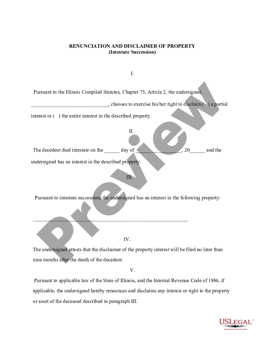 Illinois Renunciation and Disclaimer of Property received by Intestate