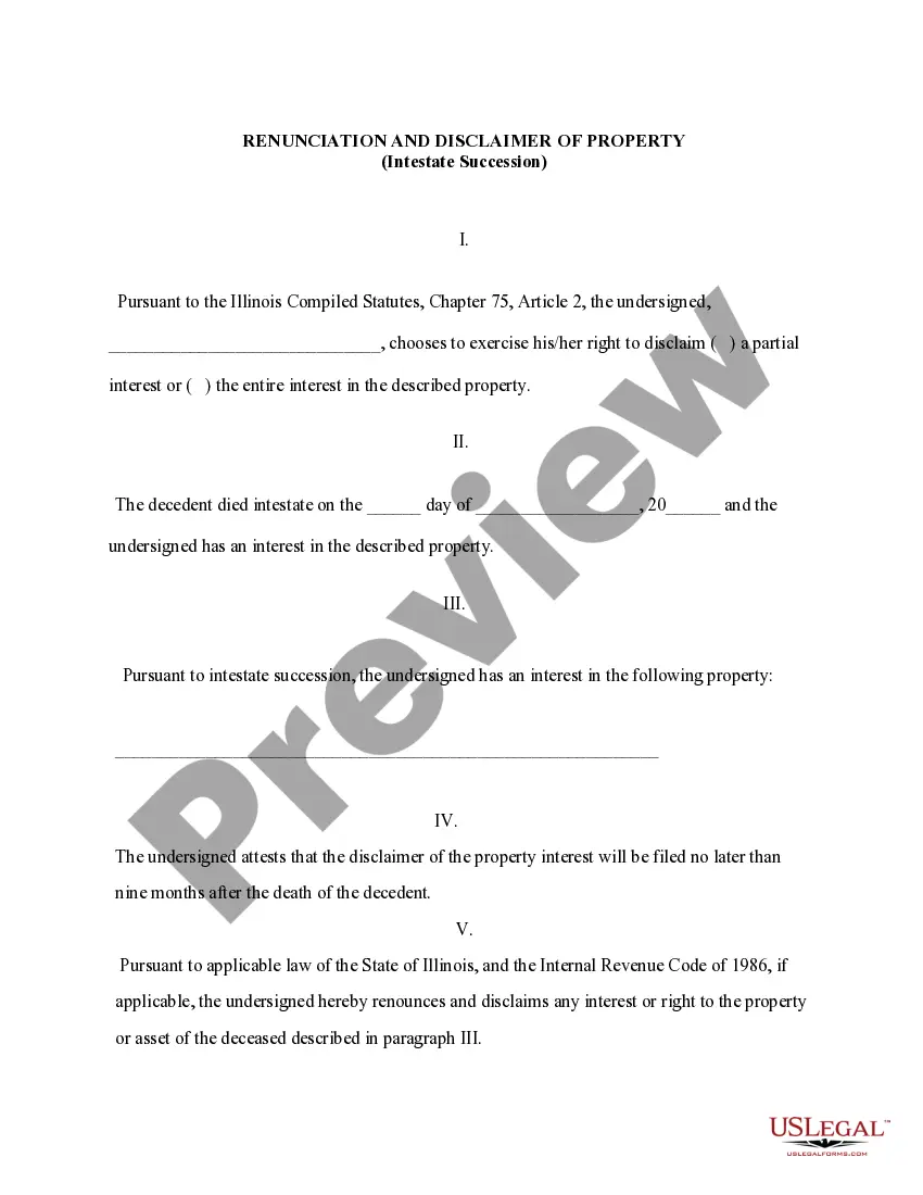 Preview Illinois Renunciation and Disclaimer of Property received by Intestate Succession