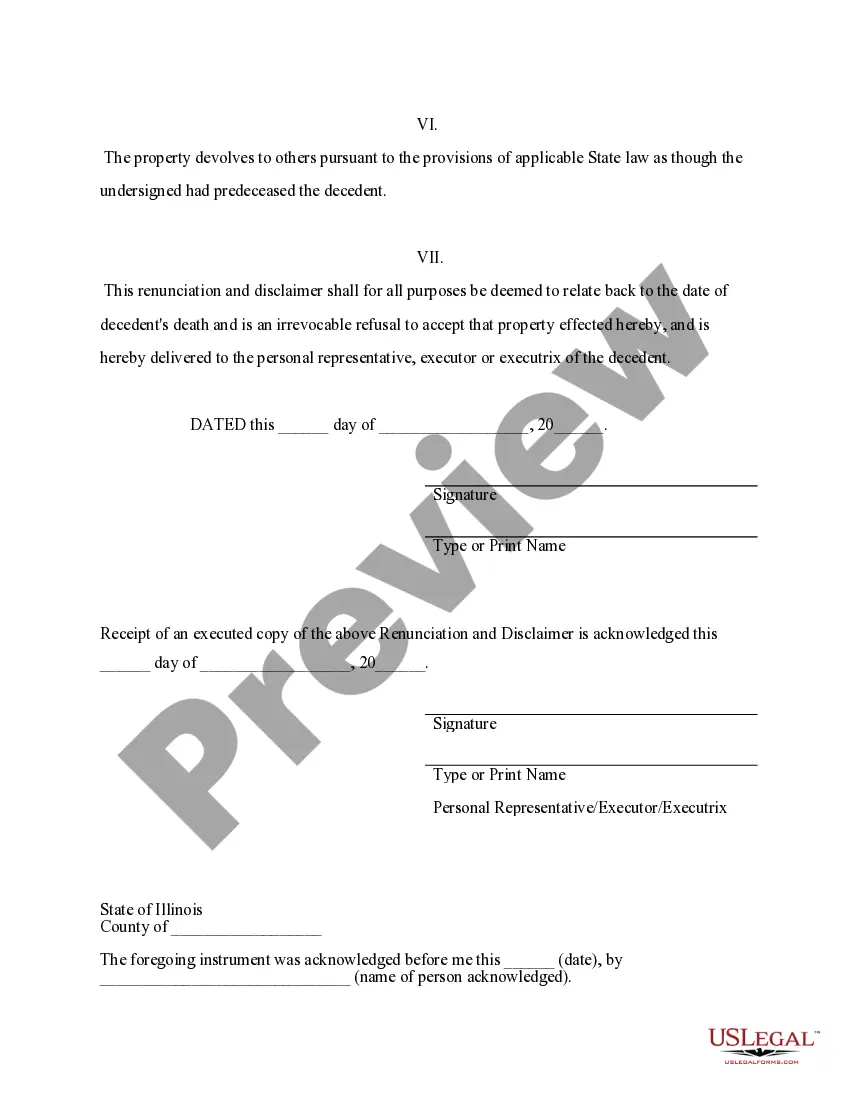 Preview Illinois Renunciation and Disclaimer of Property received by Intestate Succession