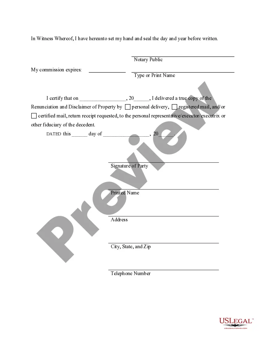 Preview Illinois Renunciation and Disclaimer of Property received by Intestate Succession