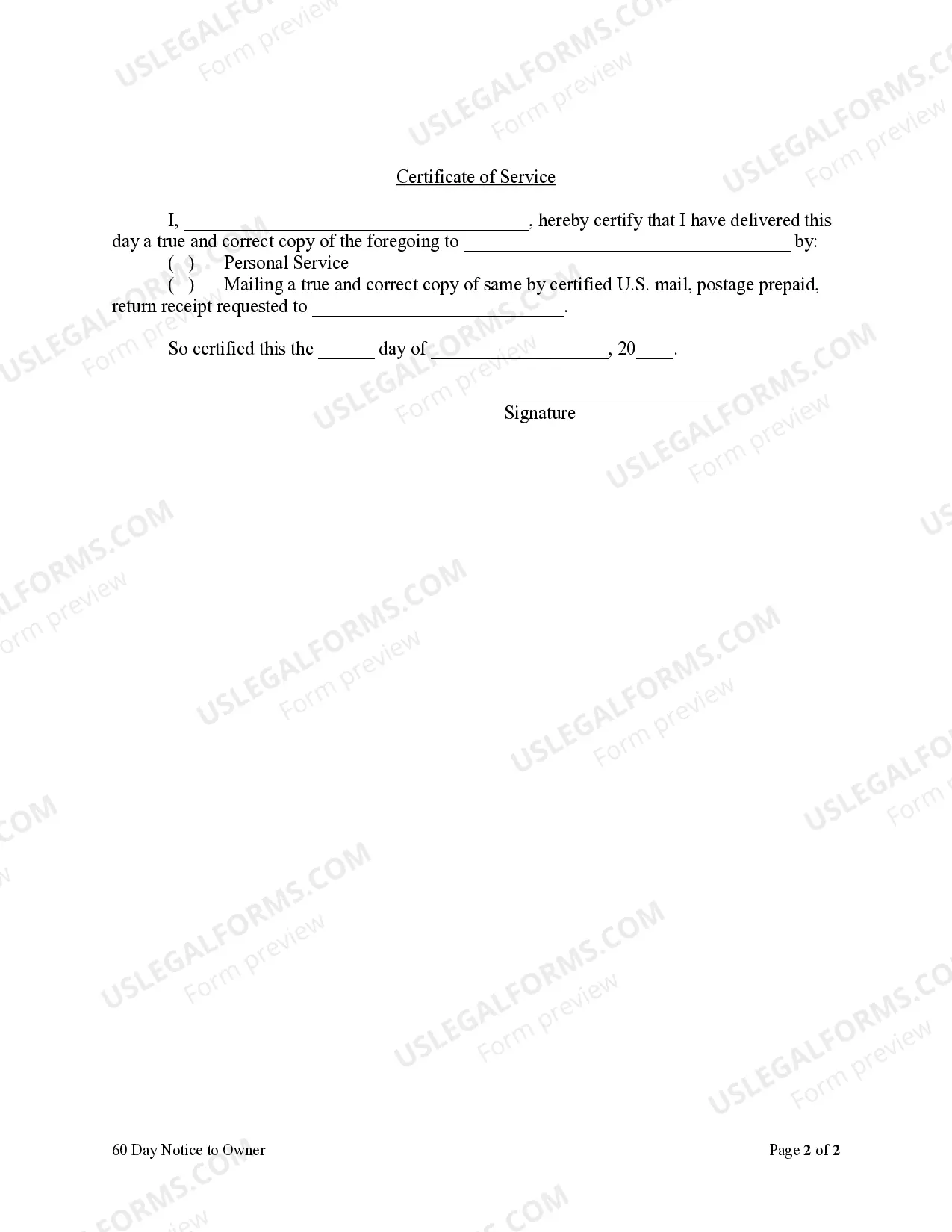 Preview Subcontractor's 60 day Notice to Owner - Owner Occupied Residence - Mechanic Liens - Individual