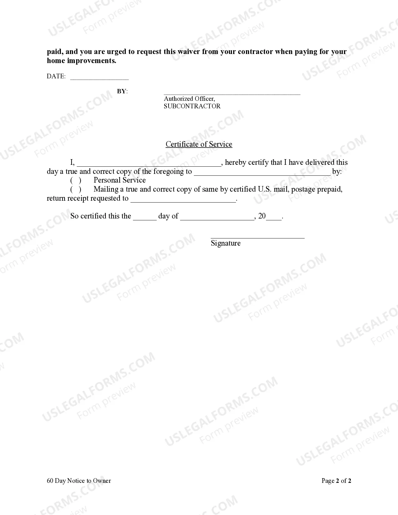 Preview Subcontractor's 60 day Notice to Owner - Owner Occupied Residence - Mechanic Liens - Corporation or LLC