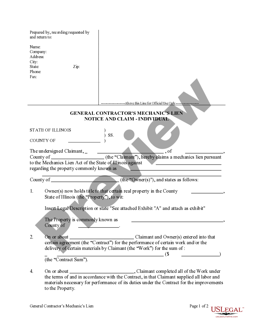 Illinois General Contractor's Lien Notice of Lien Mechanic Liens