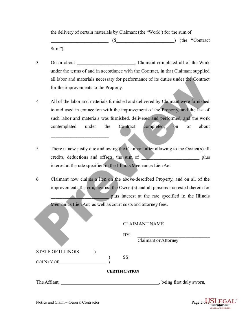 Preview General Contractor's Lien - Notice of Lien - Mechanic Liens - Corporation or LLC