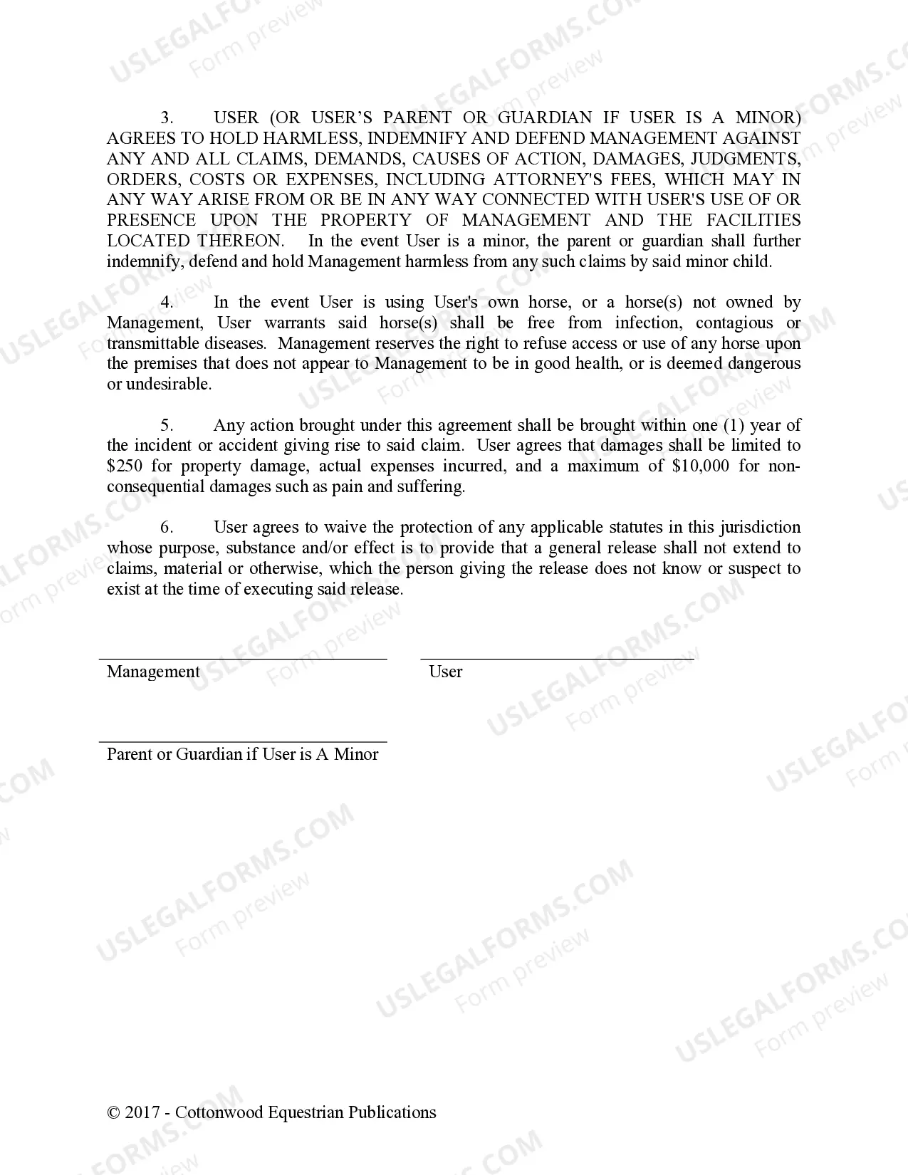 Preview Lesson, Horse Rental or Lease, and Arena Use Release - Horse Equine Forms