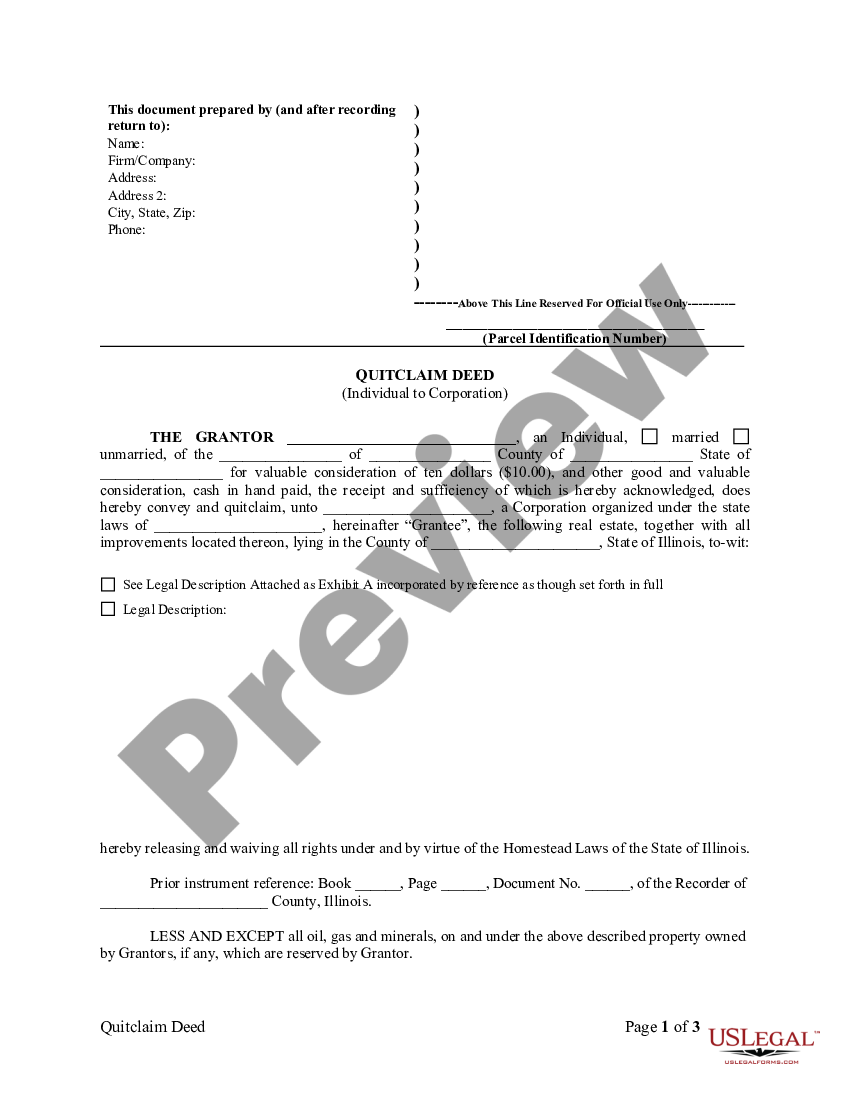 Illinois Quitclaim Deed from Individual to Corporation | US Legal Forms