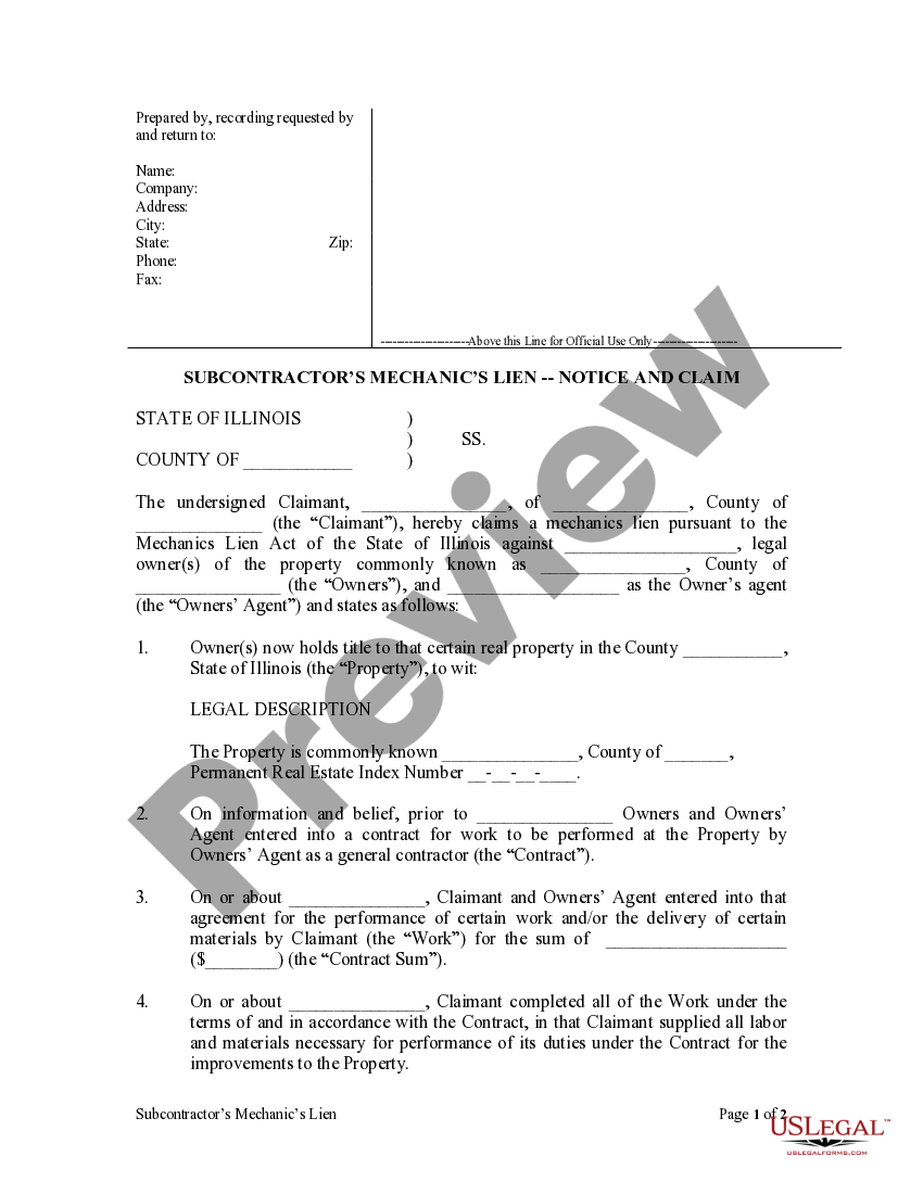 Illinois Subcontractor's Lien Notice of Claim Mechanic Liens