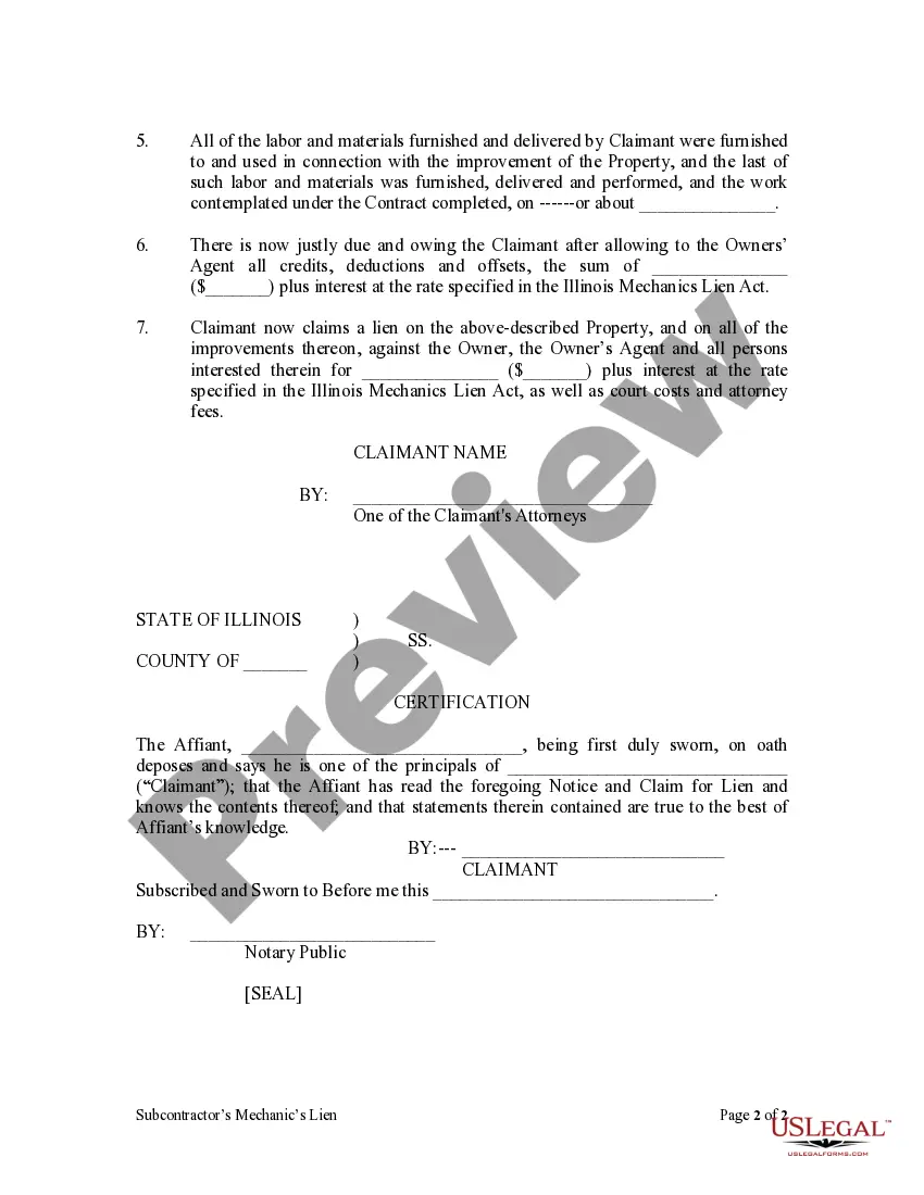 Preview Subcontractor's Lien - Notice of Claim - Mechanic Liens - Corporation or LLC