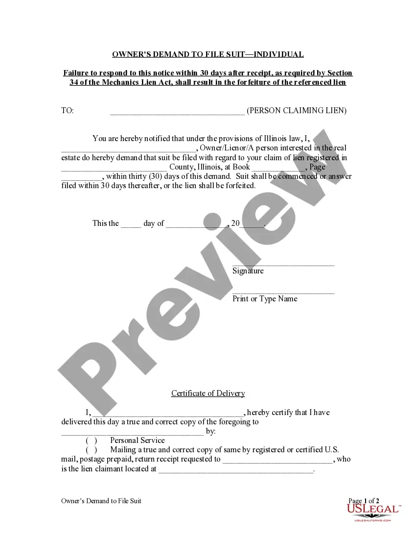 Preview Owner's Demand to File Suit - Mechanics Liens - Individual