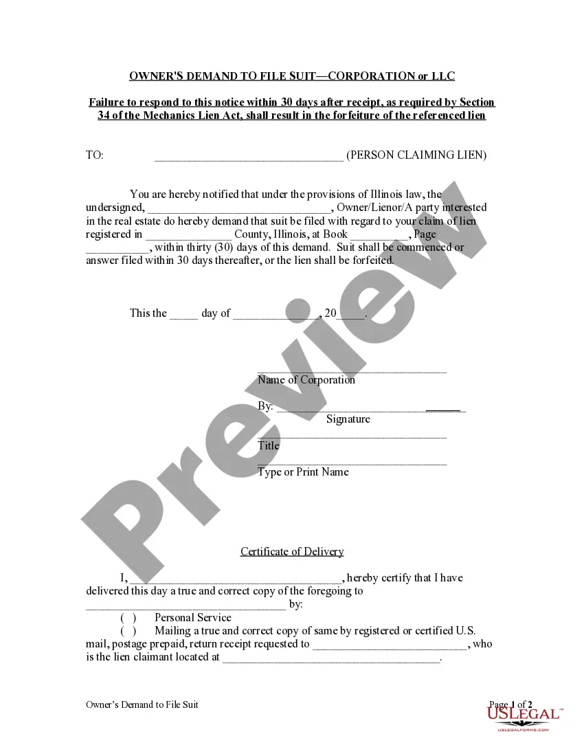 Preview Owner's Demand to File Suit - Mechanics Liens - Corporation or LLC
