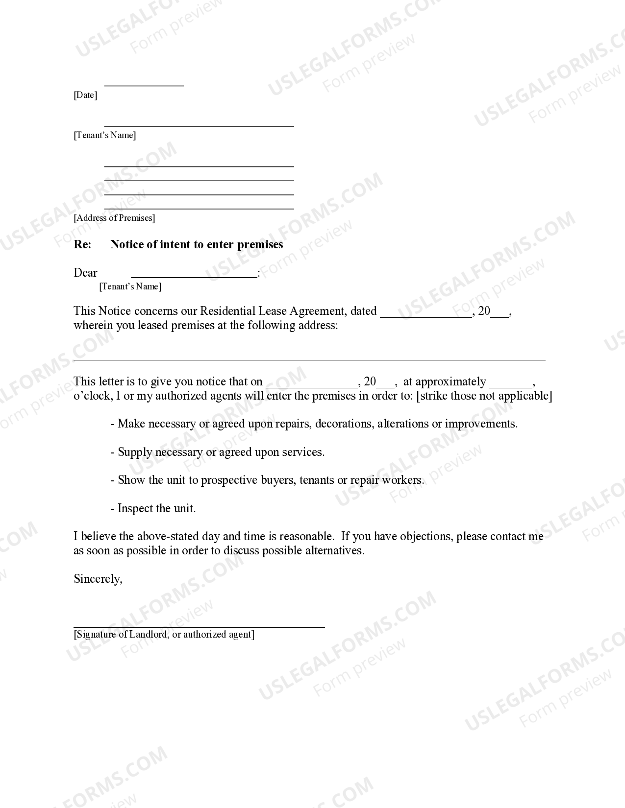 Illinois Letter from Landlord to Tenant about time of intent to enter