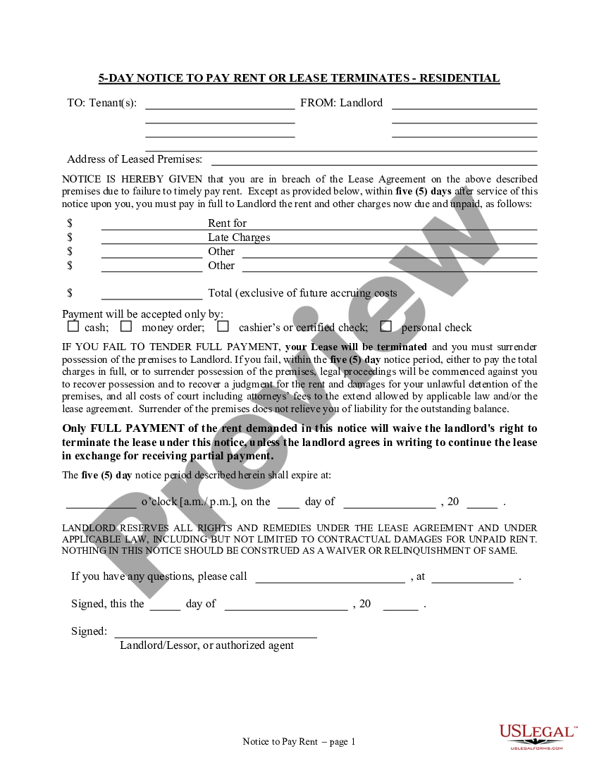 Illinois 5 Day Notice To Pay Rent Or Lease Terminates 30 Day Notice Us Legal Forms 5500