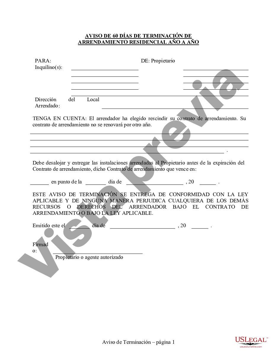 Illinois Aviso De 60 Días Para Rescindir El Contrato De Arrendamiento De Año En Año Contrato