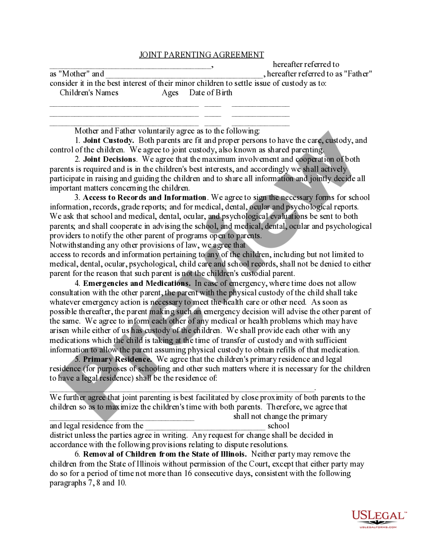 Illinois Joint Parenting Agreement Parenting Plan Template Illinois 