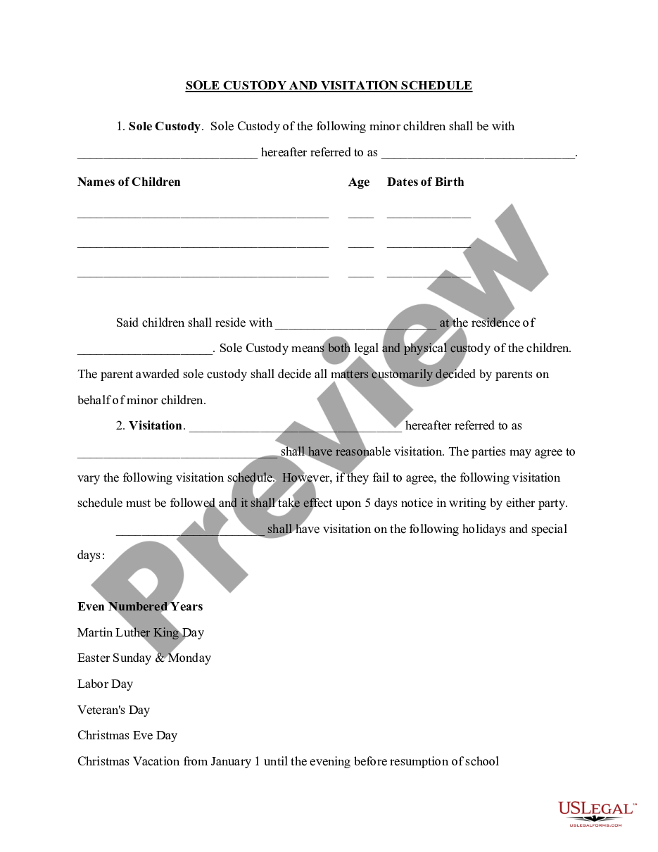 page 0 Sole Custody and Visitation Schedule preview