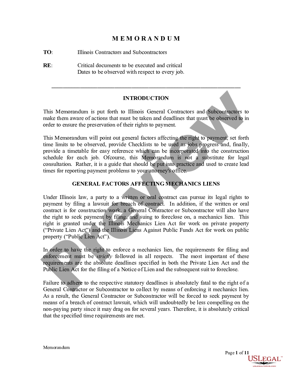 page 0 Memorandum to Illinois Contractors and Subcontractors - Critical dates and procedures to enforce Mechanics Lien rights and Exhibit to Memorandum preview
