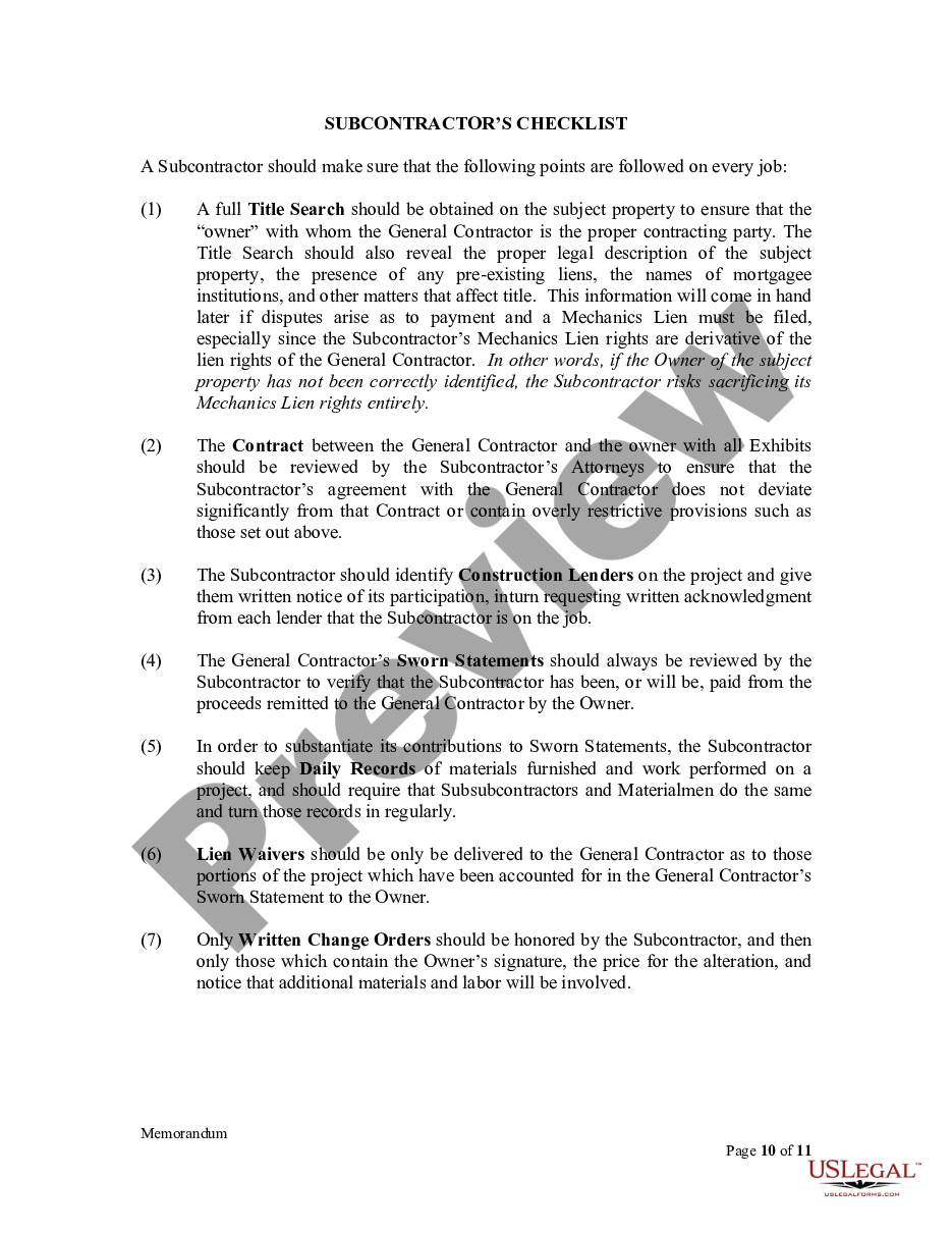 page 9 Memorandum to Illinois Contractors and Subcontractors - Critical dates and procedures to enforce Mechanics Lien rights and Exhibit to Memorandum preview