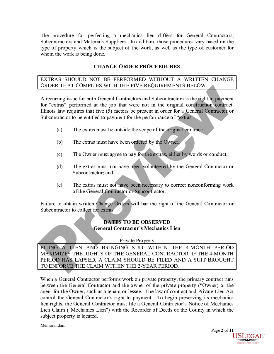page 1 Memorandum to Illinois Contractors and Subcontractors - Critical dates and procedures to enforce Mechanics Lien rights and Exhibit to Memorandum preview