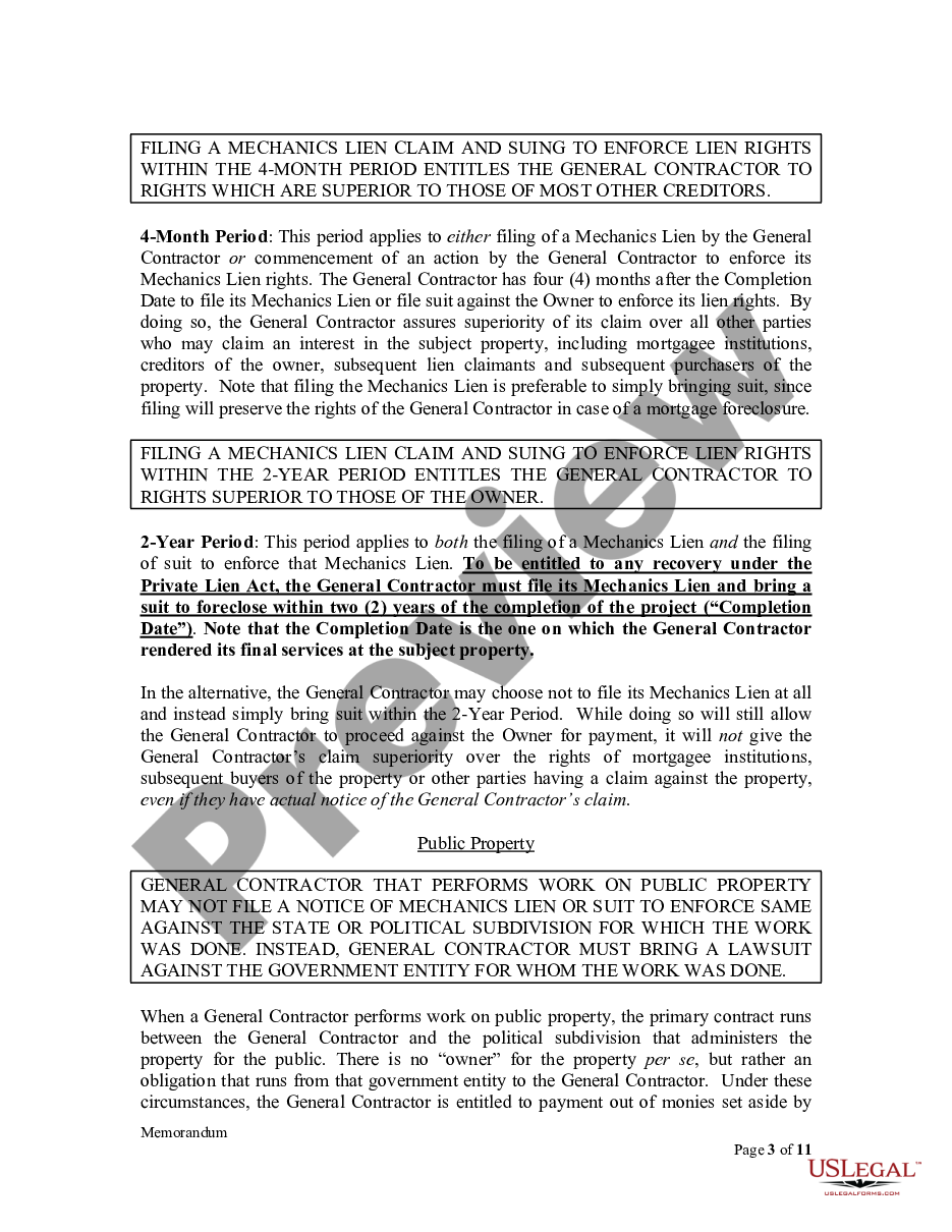 page 2 Memorandum to Illinois Contractors and Subcontractors - Critical dates and procedures to enforce Mechanics Lien rights and Exhibit to Memorandum preview