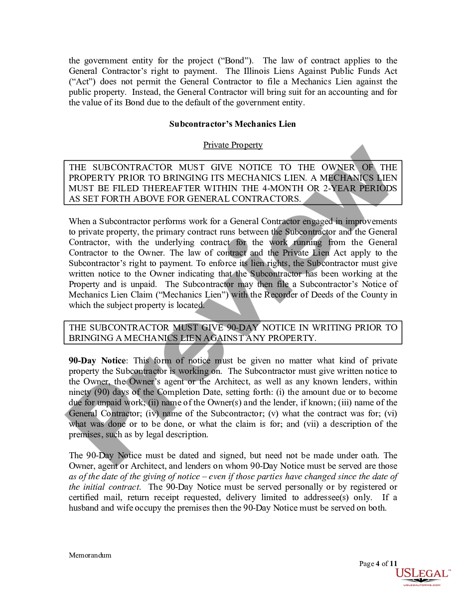 page 3 Memorandum to Illinois Contractors and Subcontractors - Critical dates and procedures to enforce Mechanics Lien rights and Exhibit to Memorandum preview