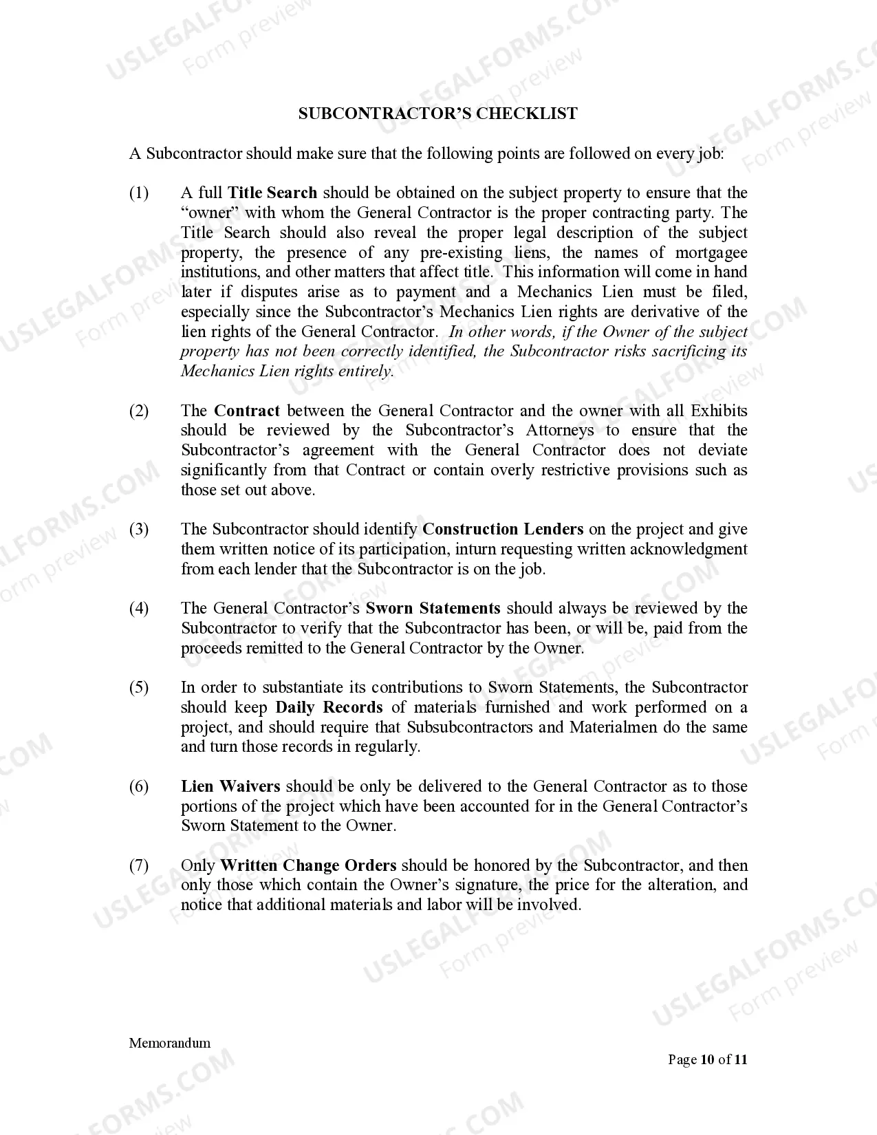 Preview Memorandum to Illinois Contractors and Subcontractors - Critical dates and procedures to enforce Mechanics Lien rights and Exhibit to Memorandum