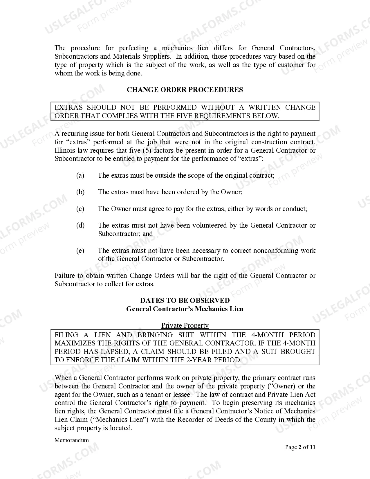 Preview Memorandum to Illinois Contractors and Subcontractors - Critical dates and procedures to enforce Mechanics Lien rights and Exhibit to Memorandum