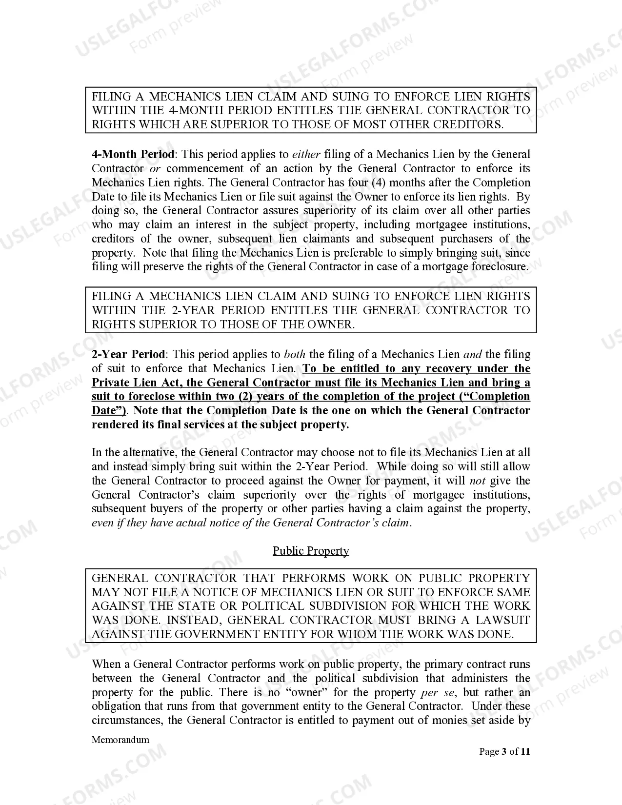 Preview Memorandum to Illinois Contractors and Subcontractors - Critical dates and procedures to enforce Mechanics Lien rights and Exhibit to Memorandum