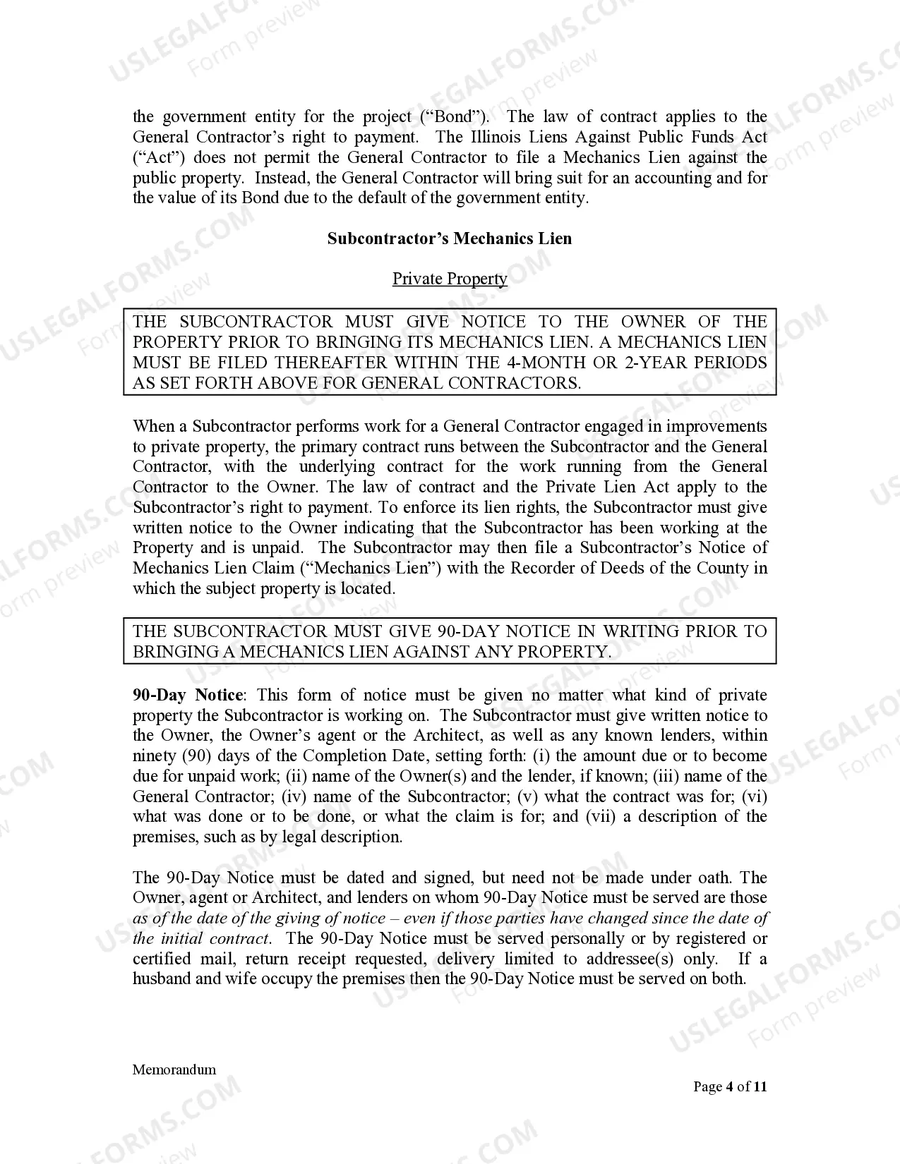 Preview Memorandum to Illinois Contractors and Subcontractors - Critical dates and procedures to enforce Mechanics Lien rights and Exhibit to Memorandum