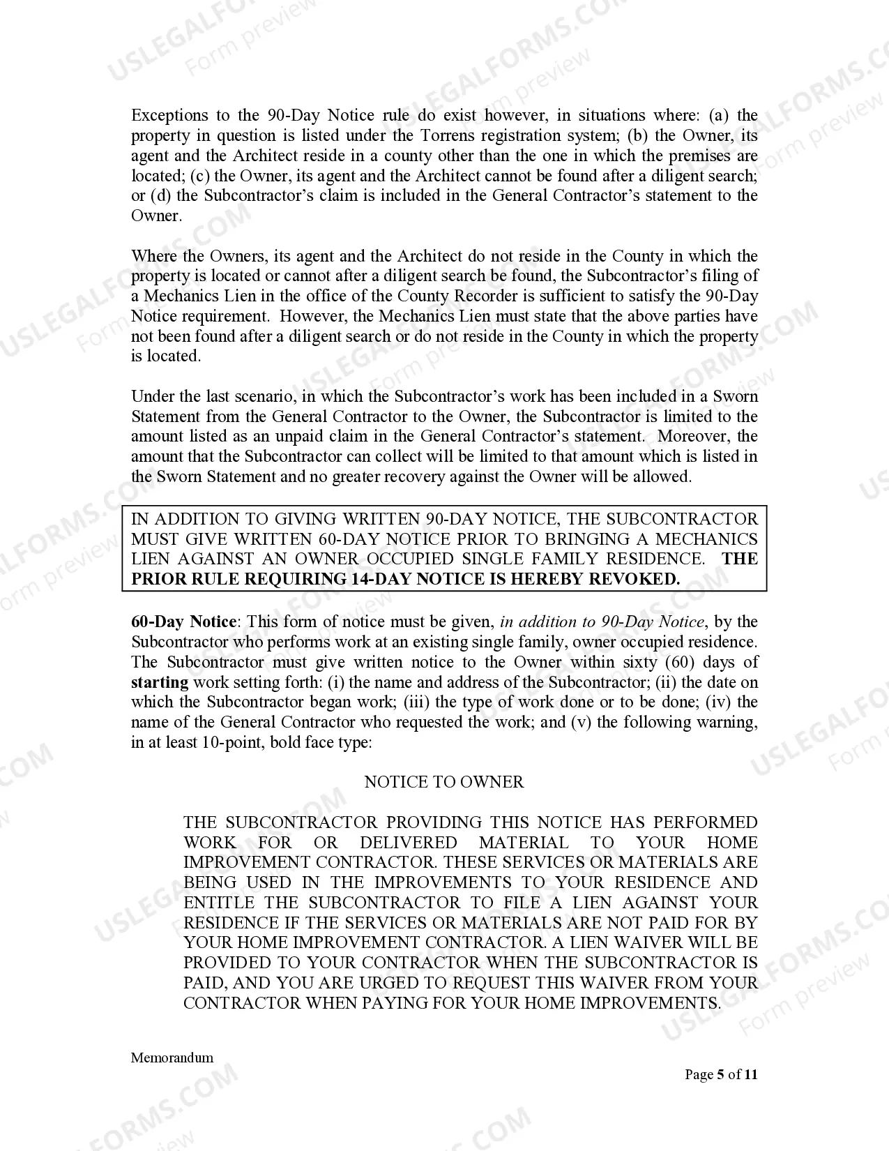 Preview Memorandum to Illinois Contractors and Subcontractors - Critical dates and procedures to enforce Mechanics Lien rights and Exhibit to Memorandum