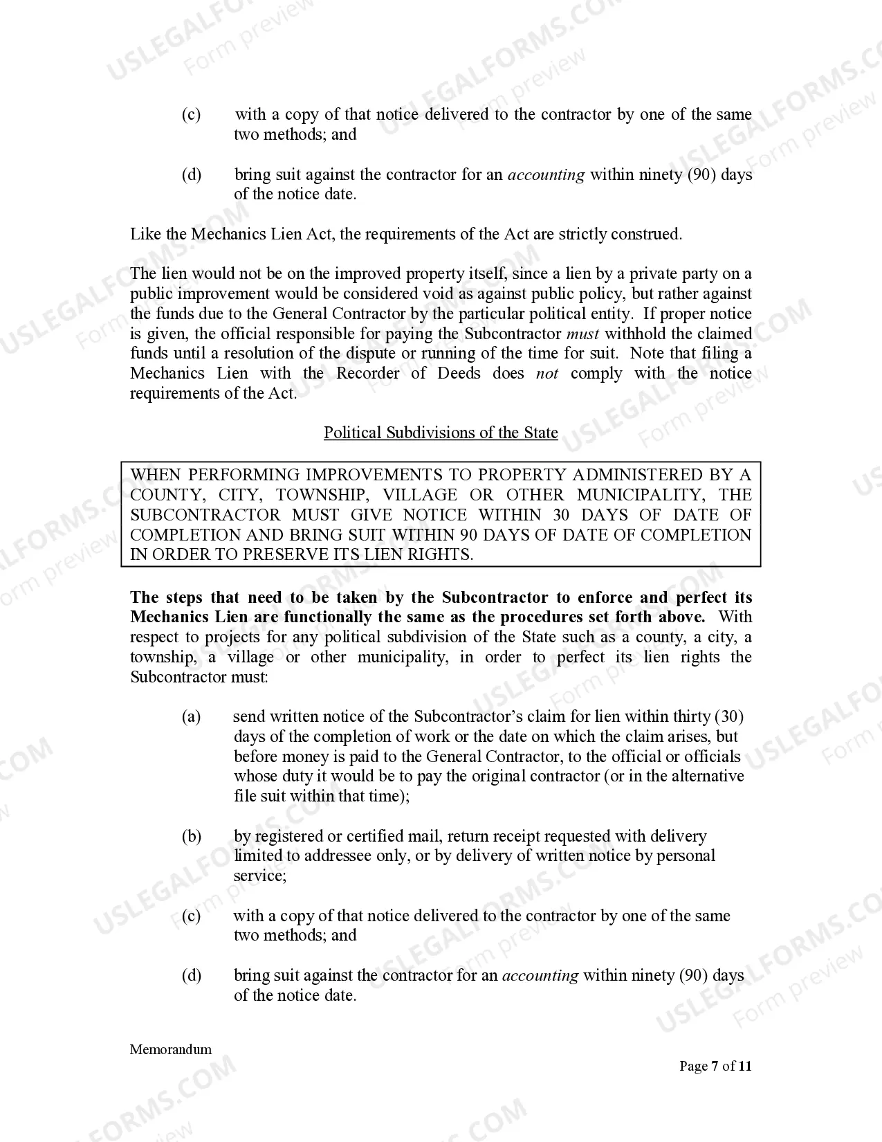 Preview Memorandum to Illinois Contractors and Subcontractors - Critical dates and procedures to enforce Mechanics Lien rights and Exhibit to Memorandum