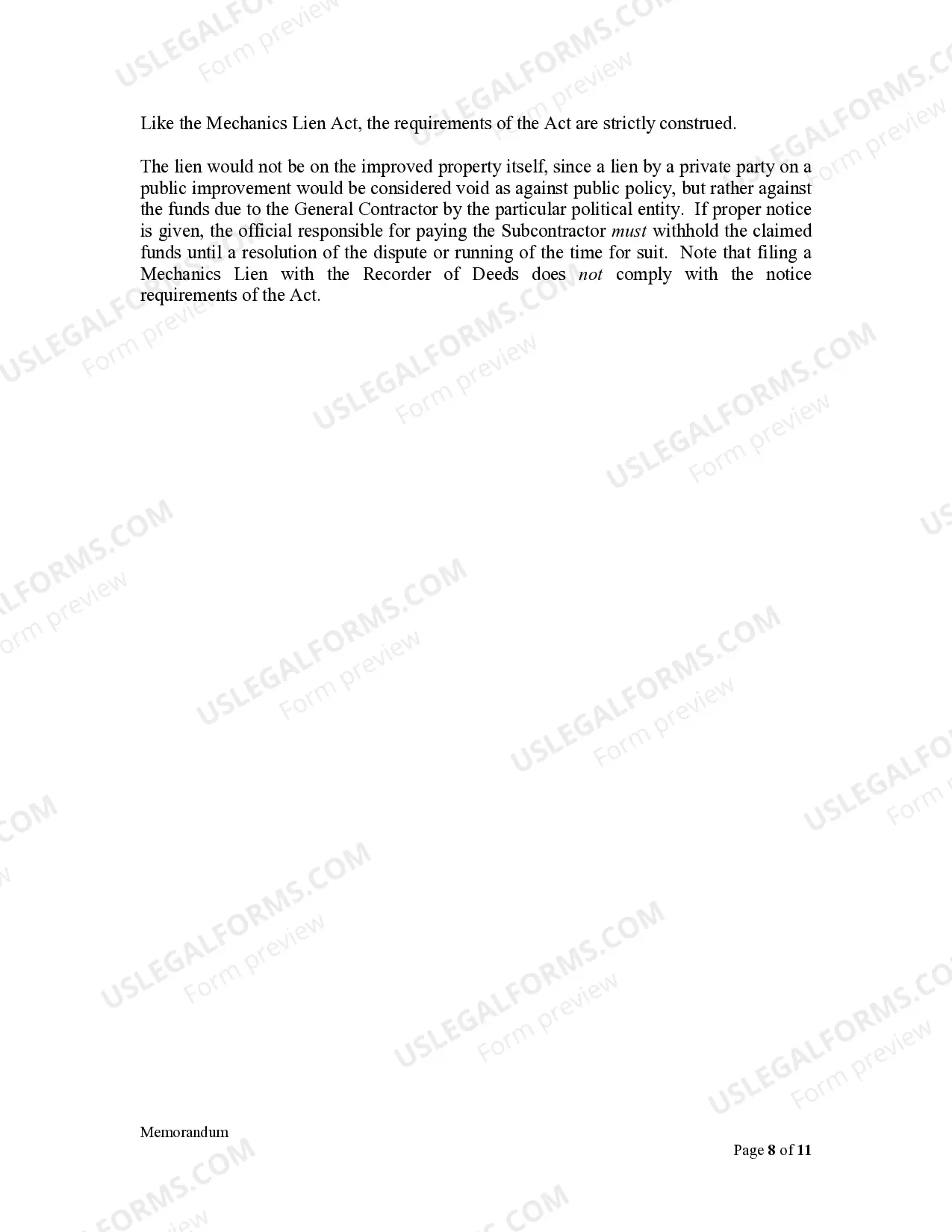Preview Memorandum to Illinois Contractors and Subcontractors - Critical dates and procedures to enforce Mechanics Lien rights and Exhibit to Memorandum