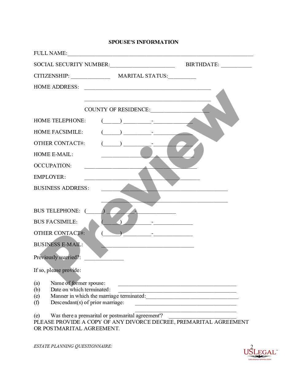 page 1 Estate Planning Questionnaire preview