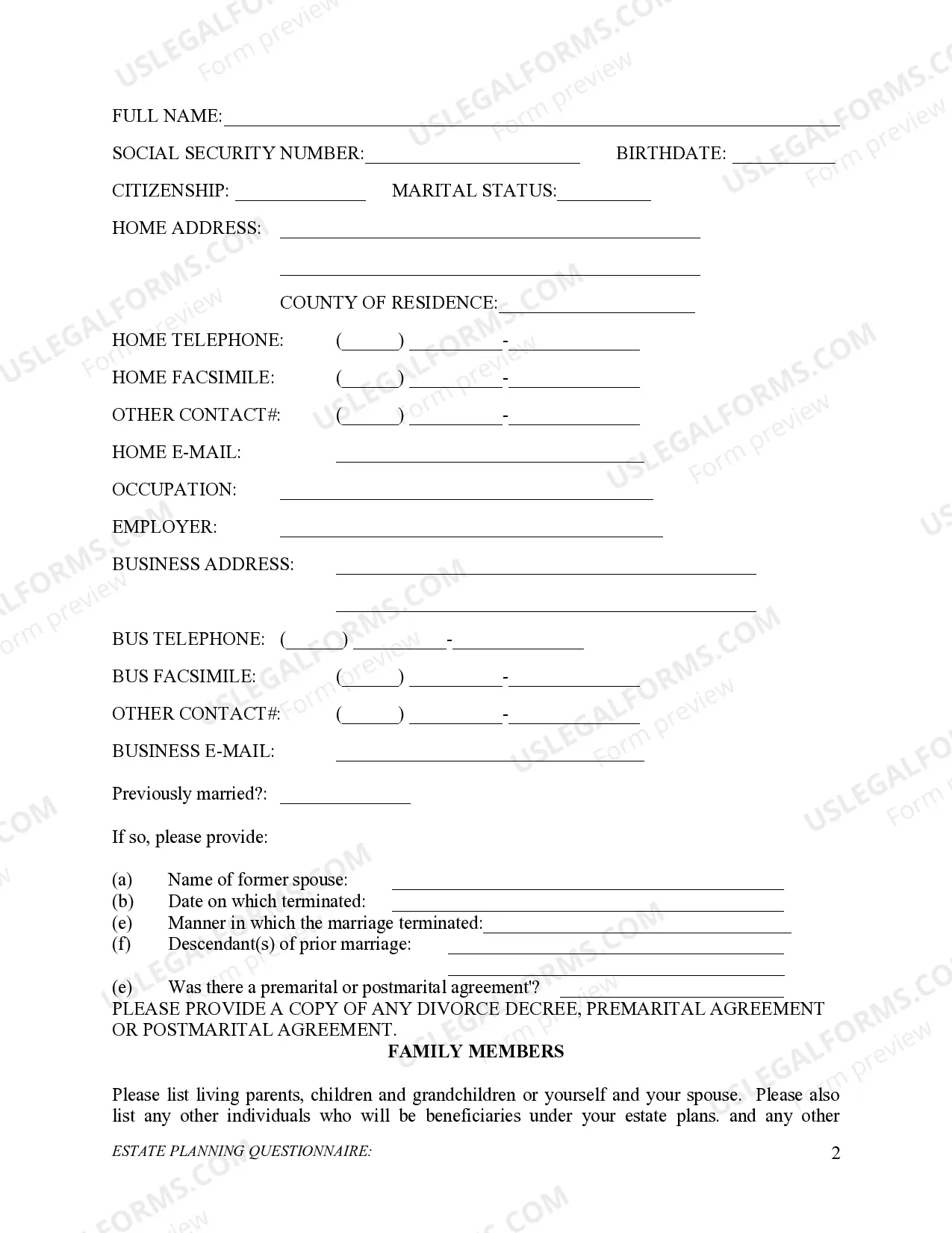 Preview Estate Planning Questionnaire