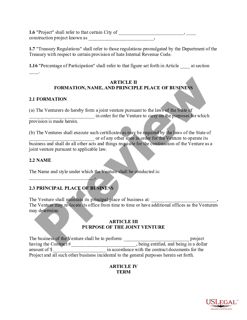 page 1 Joint Venture Agreements - for a Construction Project or General Business Venture preview