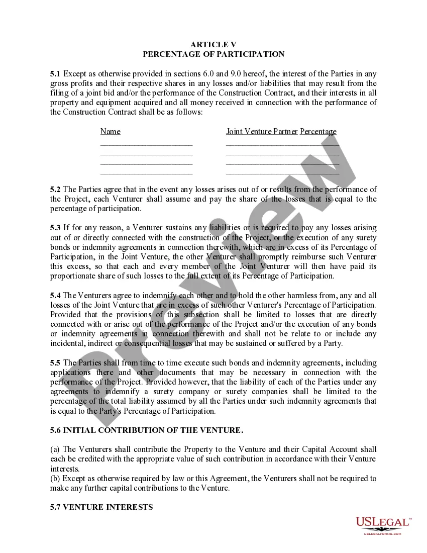 Get Joint Venture Agreements - for a Construction Project or General Business Venture Preview Joint Venture Agreements - for a Construction Project or General Business Venture