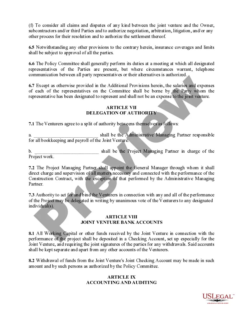 Get Joint Venture Agreements - for a Construction Project or General Business Venture Preview Joint Venture Agreements - for a Construction Project or General Business Venture