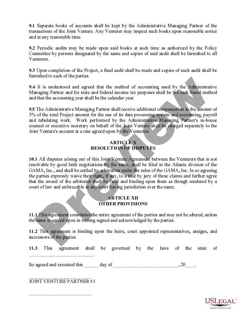 Get Joint Venture Agreements - for a Construction Project or General Business Venture Preview Joint Venture Agreements - for a Construction Project or General Business Venture