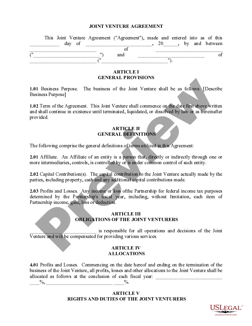 Get Joint Venture Agreements - for a Construction Project or General Business Venture Preview Joint Venture Agreements - for a Construction Project or General Business Venture
