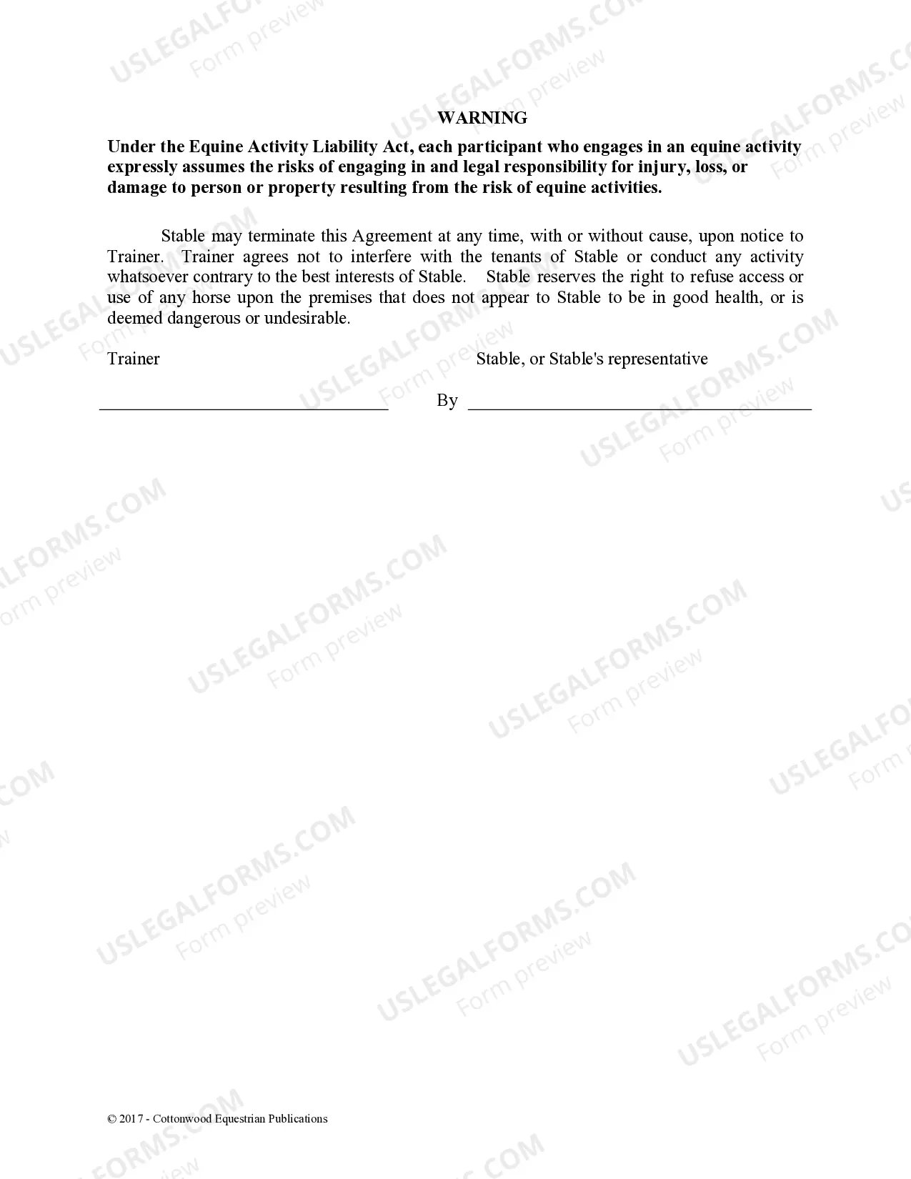 Preview Trainer's Facility Use Agreement - Horse Equine Forms