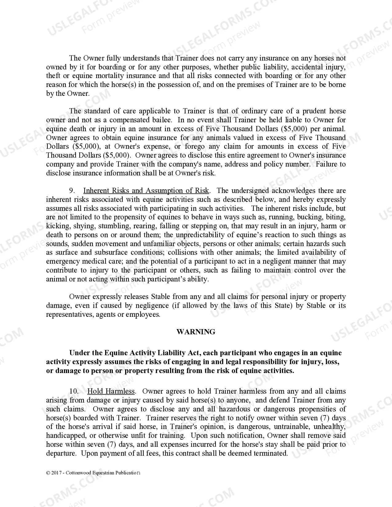Preview Training Contract - Horse Equine Forms