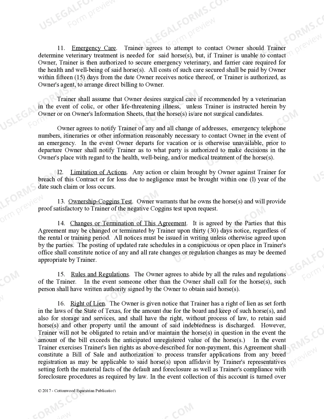 Preview Training Contract - Horse Equine Forms