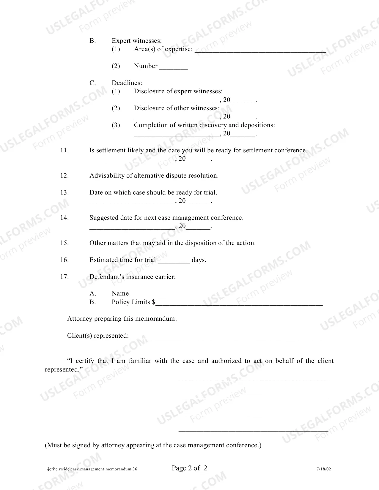 Preview Case Management Memorandum