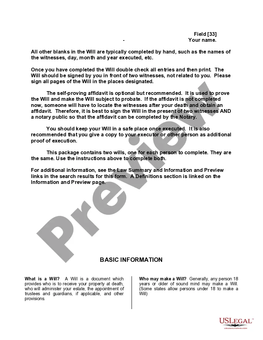 Preview Mutual Wills containing Last Will and Testaments for Man and Woman living together not Married with No Children