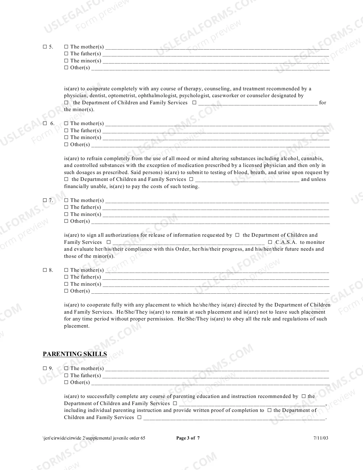 Preview Supplemental Order (Juvenile)