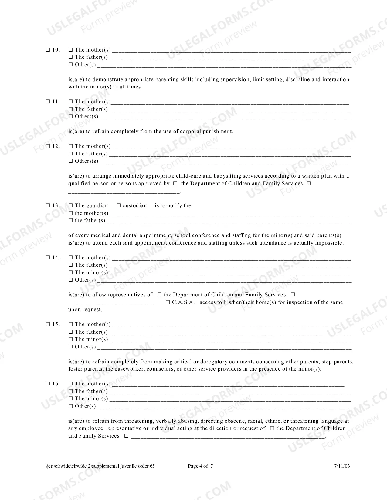 Preview Supplemental Order (Juvenile)
