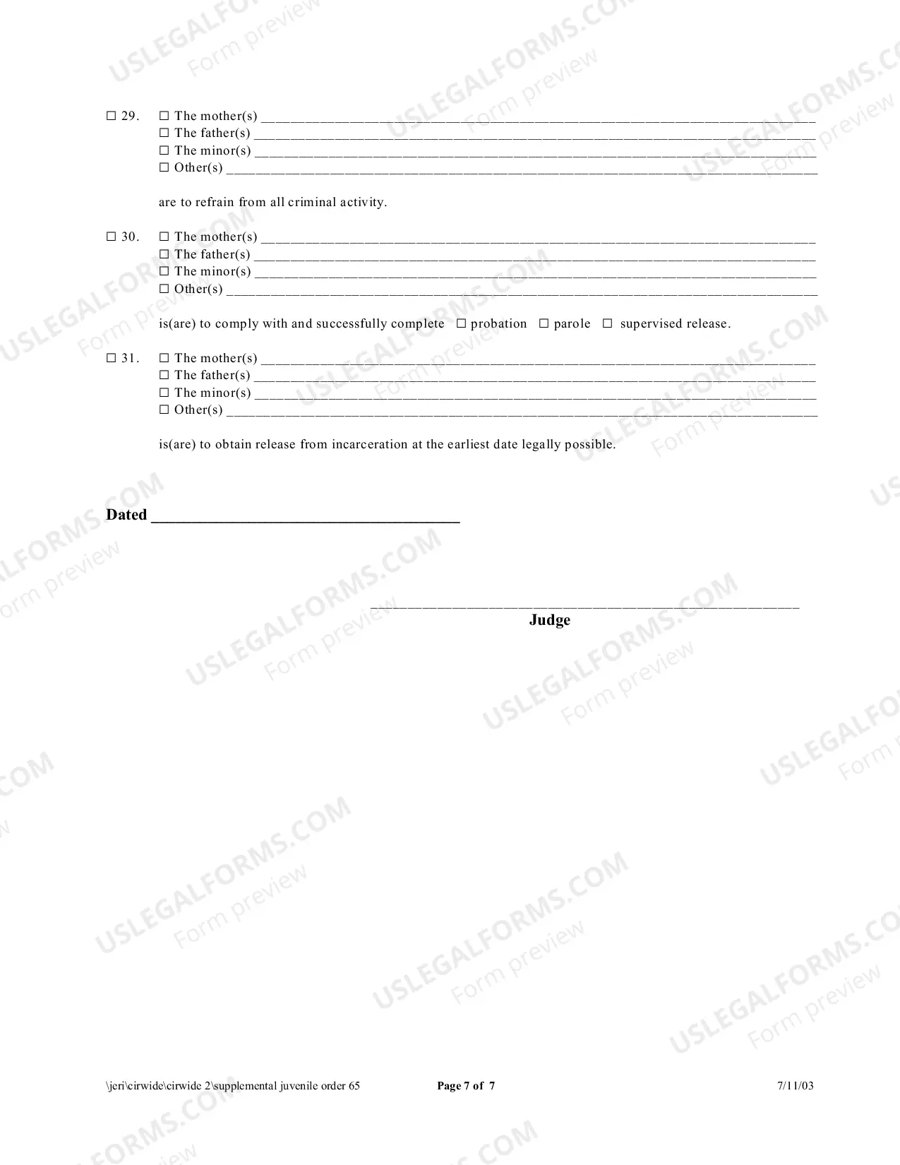 Preview Supplemental Order (Juvenile)