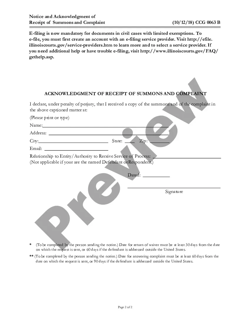 Preview Notice and Acknowledgment of Receipt of Summons and Complaint - Petition