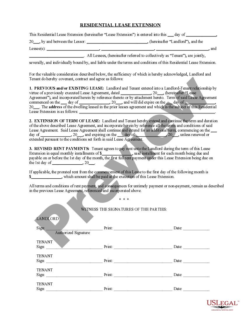Illinois Residential or Rental Lease Extension Agreement Lease