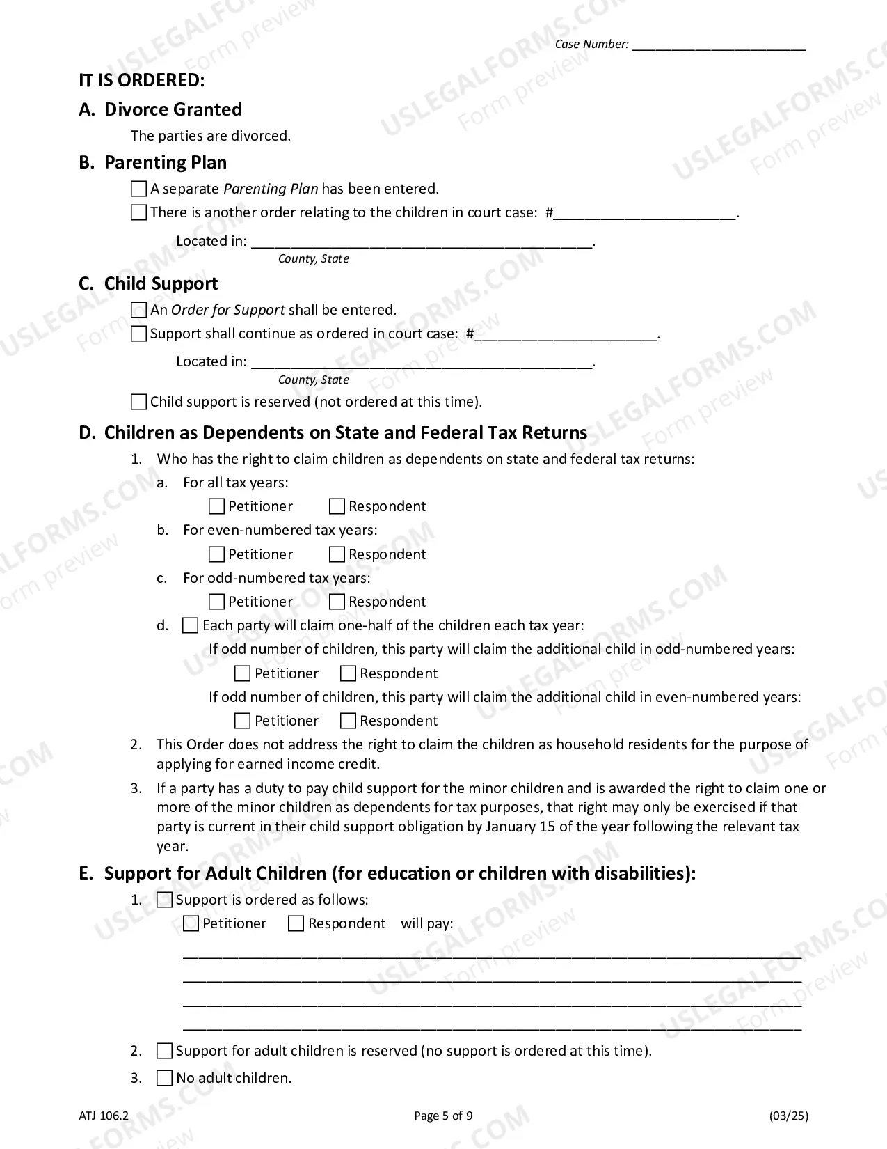 Preview Judgment for Dissolution of Marriage or Civil Union
