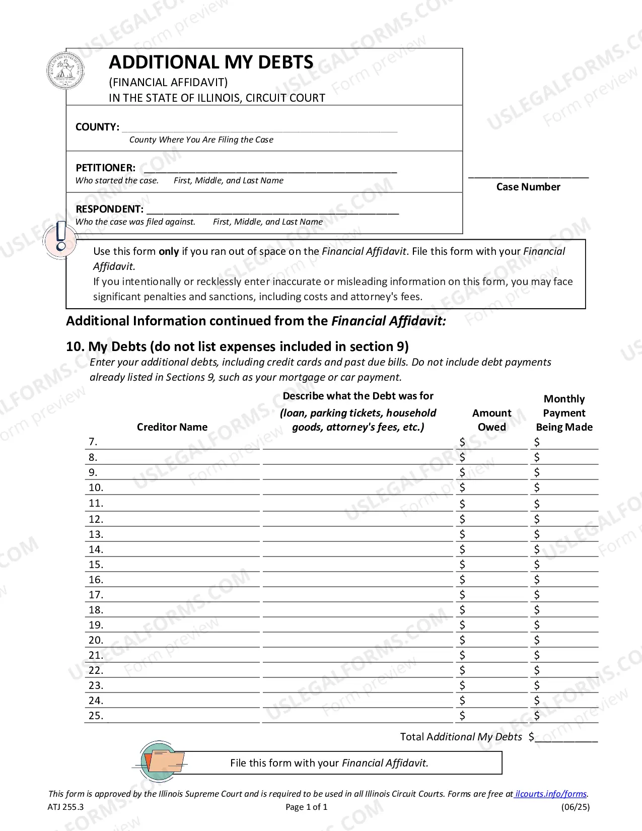 Preview Additional My Debts - Financial Affidavit